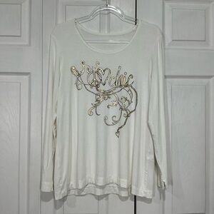 🍓 Chico’s Peace Love Chic Long Sleeve White Gold Top Shirt - Large (Chico’s 2)